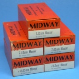 Five 50-Round Boxes of Midway 7.63mm Mauser 86 Gr FMJ Ammunition (JGD)