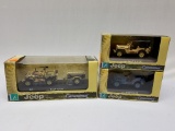 Caramama WWII 3 Jeep Grouping Desert Jeep, Jeep with Trailer, and Navy Jeep 1:43 Scale Models (MGN)