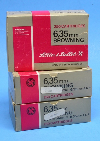 Three 250-Round Boxes of Sellier & Belliot 6.35mm Ammunition (HA)