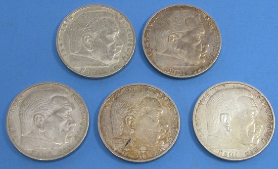 Five German WWII Nazi Five Mark Coins