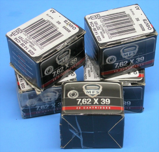 Five 20 Rd. Boxes of MFS 7.62x39 Cartridges (LCC)