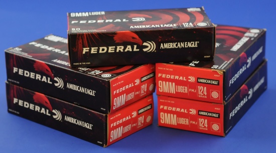 5 Boxes, 250 Rounds Total, 9MM Luger 124 grain. (IME)