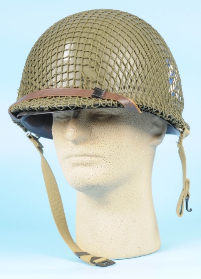 US Army WWII 3rd Division M1 Helmet, Liner, Chinstraps and Camo Netting (SJZ)