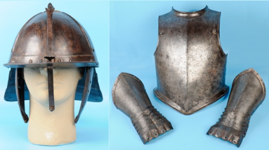 Medieval English 18th Century Lobster-Tail Helmet, Cuirass, & Arm Armor(FTA)