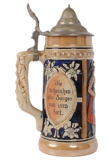 German 1 Liter Pewter-Lidded Beer Stein (B3A)