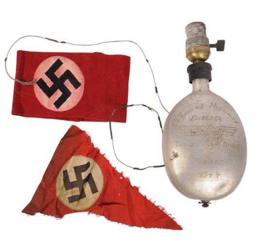 *German Military Personalized WWII Canteen, Nazi Vehicle Pennant & a Nazi Armband Lot (M4M)