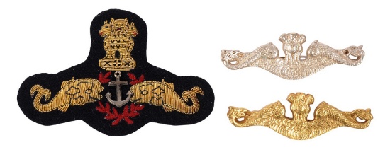 Three Nice Indian Navy Bullion & Metal Enlisted and Officer Pin-Back Submarine Badges (A)
