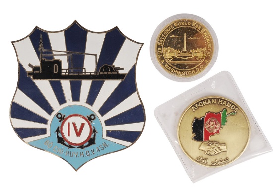South Vietnamese Navy "Beer Can" Placard & Afgan "Hands" Advisor Challenge Coin, & Memorial Coin (A)