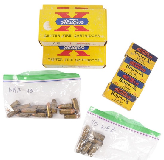 Western X Assorted Ammo Lot of 9 45ACP, 45 Webley, and 22 Short  (S3J)