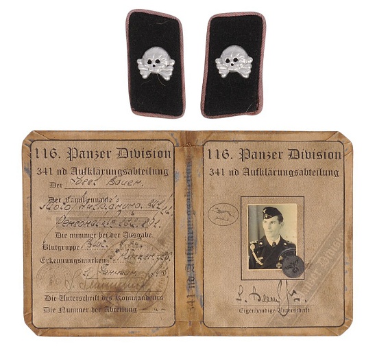 Extremely Rare *German WWII Bring Back SS 116th Panzer Division Collar Boards and ID Book (APL)
