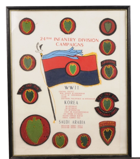 Framed 24th Infantry Division Commemorative Patch Lot WWII, Korea, Saudi Arabia  (JAS)