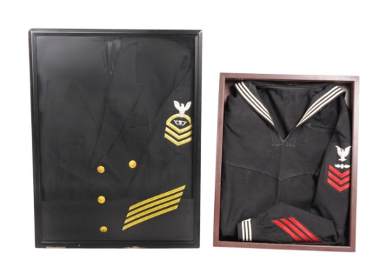 Group Lot of 2 GWOT era Framed US Navy Chief and First-Class Petty Officer Dress Blue Uniforms(JAS)