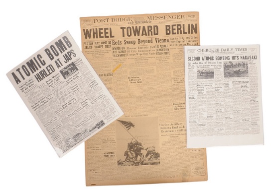 WWII News Paper Group Lot of 3 Atomic Bombings, Iwo Jima, and Berlin (M2A)