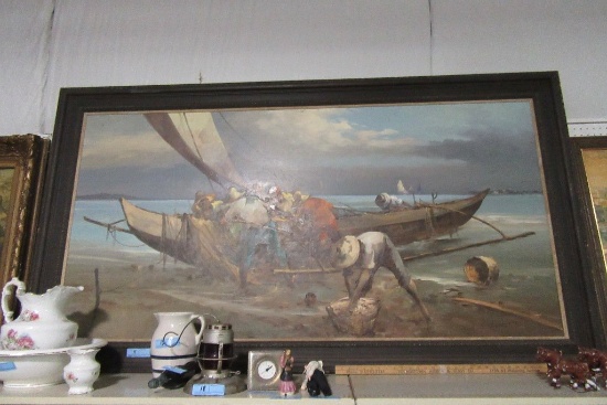 VERY LARGE OIL ON CANVAS ORIENTAL FISHERMAN PICTURE 31/2'X7' - NO SHIPPING!