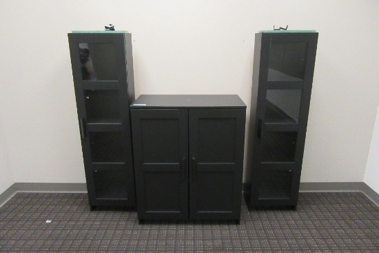 IKEA STORAGE CABINET AND 2 GLASS FRONT BOOKCASES