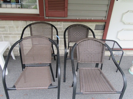 BLACK AND BROWN OUTDOOR CHAIRS AND END TABLE