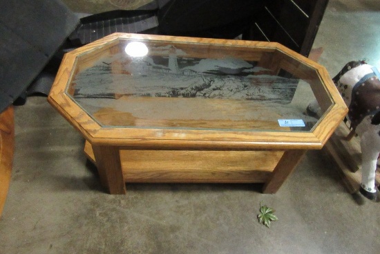 LIGHTHOUSE SCENE GLASS TOP COFFEE TABLE
