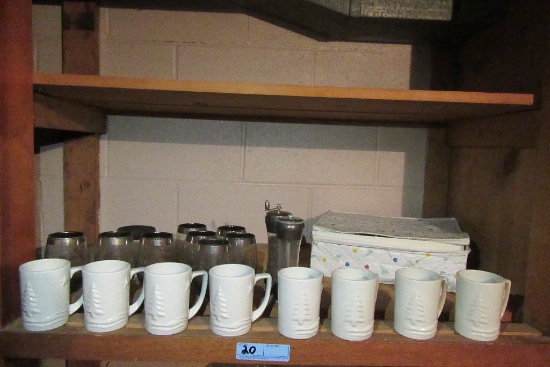 SET OF CHRISTMAS MUGS AND SILVER TRIMMED GLASSES WITH SALT AND PEPPER SHAKE