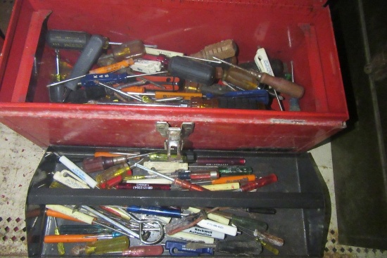 TOOL BOX FULL OF PHILLIPS SCREWDRIVERS AND ETC