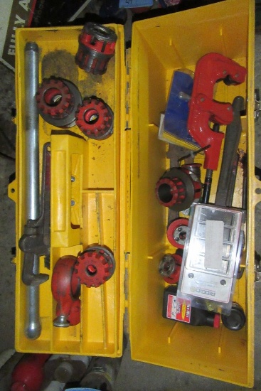 YELLOW TOOLBOX WITH RIDGID PIPE THREADER WITH HEADS