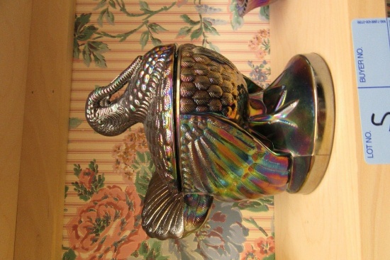 CARNIVAL GLASS TURKEY COVERED BOWL