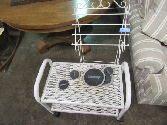 WHITE METAL TOWEL STAND AND ROLL ABOUT CART