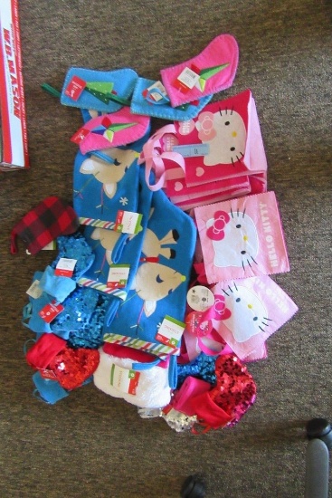 ASSORTMENT OF FELT STOCKINGS, SEQUINS TOP SMALL STOCKINGS, AND HELLO KITTY