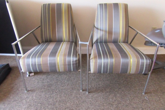 2 CUSHIONED STRIPED METAL CHAIRS