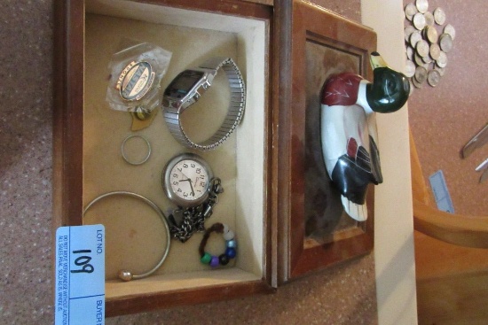 DUCK JEWELRY CASE WITH MISCELLANEOUS WATCHES AND CLOCKS
