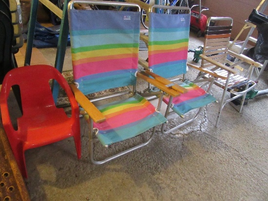 2 RIO BEACH CHAIRS, RED CHILD'S PLASTIC CHAIR, AND ALUMINUM FOLDING CHAIR