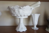 WHITE MILK GLASS VASE, REPAIRED AND WHITE MILK GLASS CENTERPIECE BOWL