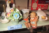 VARIETY OF CERAMIC FIGURINES, BELLS, FLORAL, AND ETC
