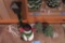 2 LIGHTED CERAMIC CHRISTMAS TREES, SNOWMAN, AND LAMP POST