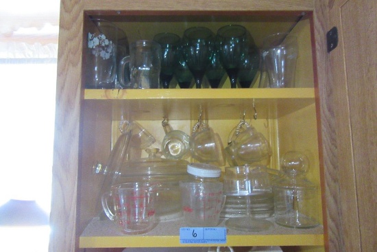 ASSORTED GLASSBAKE DISHES, PLATES, GREEN STEMWARE, AND ETC