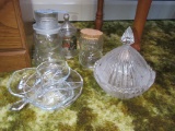 GLASS CANDY DISH WITH LID, SNOWMAN JAR, AND ETC