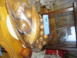 WOODEN FRUIT IN BOWL, MADE IN PHILIPPINES WOODEN PIGGY BANK, AND ETC
