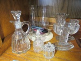 GLASS CANDLE HOLDERS. OIL JAR. VASE AND ETC