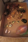 ASSORTED ANIMAL FIGURINES AND PINK BUNNY COVERED DISH