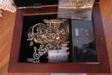 JEWELRY BOX WITH NECKLACES, WATCH, EARRINGS, AND ETC