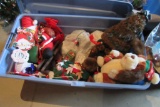 LARGE TOTE OF STUFFED ANIMALS AND CHRISTMAS DECORATIONS