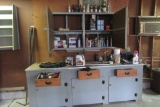 LEVEL, CLEANING ITEMS, SEALANT, BUG SPRAY, AND ETC IN CABINET ON BENCH AND