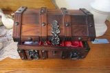 TREASURE CHEST STYLE JEWELRY BOX WITH EARRINGS, PINS, AND ETC