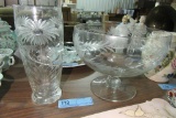 ETCHED GLASS CENTERPIECE AND VASE