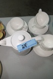 WEDGEWOOD CUPS AND SAUCERS WITH GERMAN TEAPOT