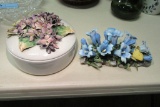 BOEHM BONE PORCELAIN AND COVERED DISH. FLORAL ARRANGEMENT IS DAMAGED