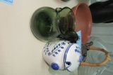 GREEN PITCHER. ORIENTAL CLAY TEAPOT SIGNED. MADE IN FRANCE SUGAR DISH AND C