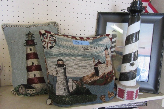 LIGHTHOUSE BIRD FEEDER, PILLOWS AND PICTURE
