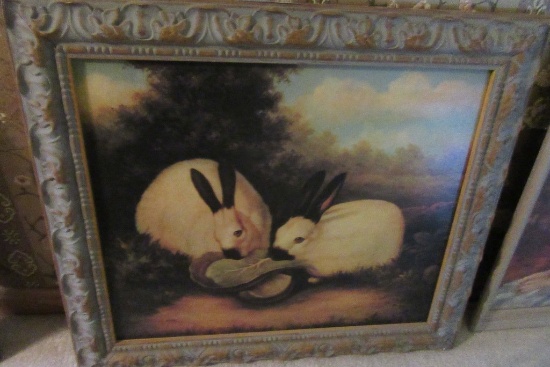 APPROXIMATELY 36 BY 48 OIL ON CANVAS PAIR OF NIBBLING BUNNIES