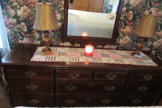 DREXEL CHERRY TRIPLE DRESSER WITH MIRROR