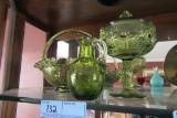 GREEN GLASS CRACKLE VASE, ROSE DESIGN COMPOTE, AND BASKET